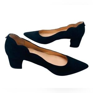 KATE SPADE Timeless Mindi Black Calfskin Suede Scalloped Top Chunky Block Heels